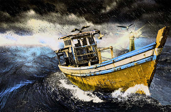 drawing of a boat in a storm