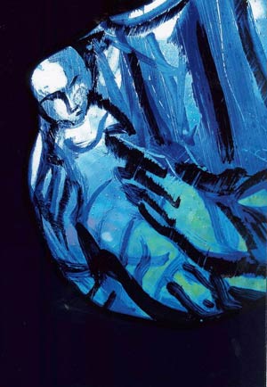 stylized painting of Marys hands holding Jesus
