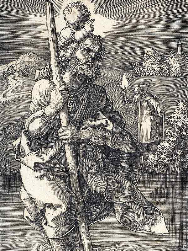 etching of St Christopher carrying the Christ Child over a flooded river