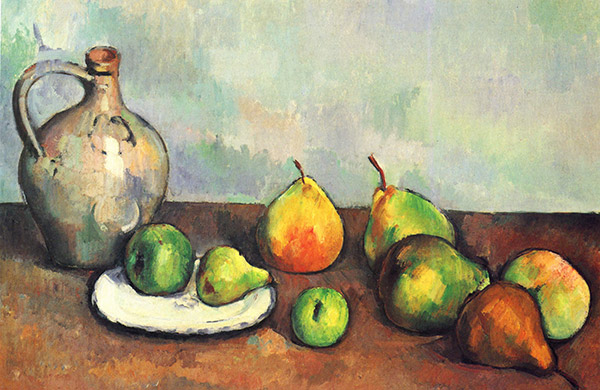 a painting of a jar and pears
