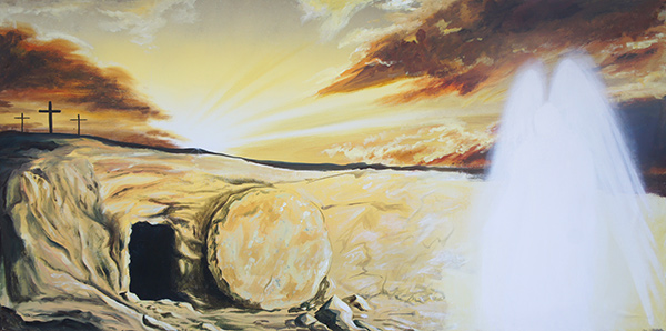 painting depicting the crosses and the empty tomb against the backdrop of an Easter sunrise