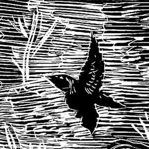 a black and white woodcut of a small bird