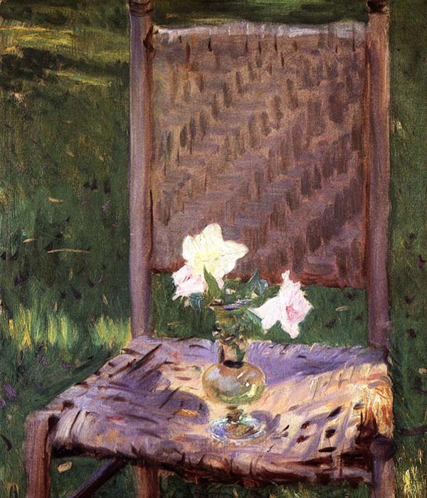 painting of a chair in the sun with a bouquet of flowers on the seat