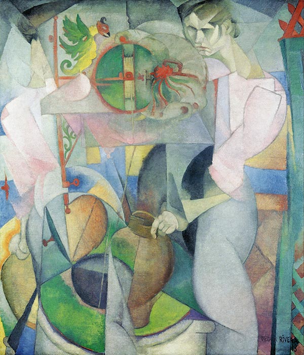 cubist painting of a woman holding a clay jar with a green and yellow bird behind her