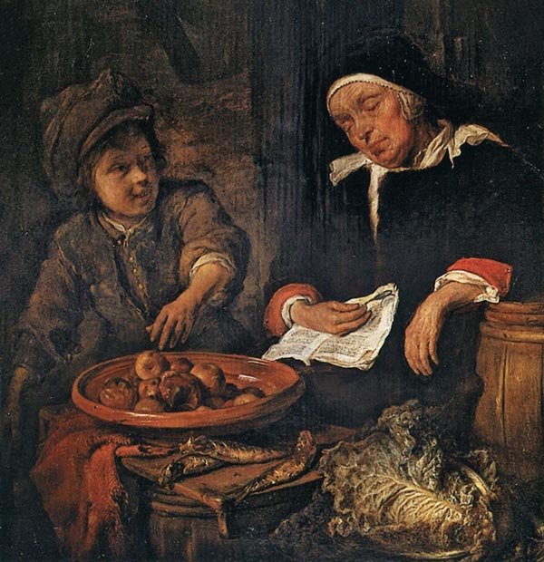 Painting of boy stealing apple from sleeping elderly female fruit seller