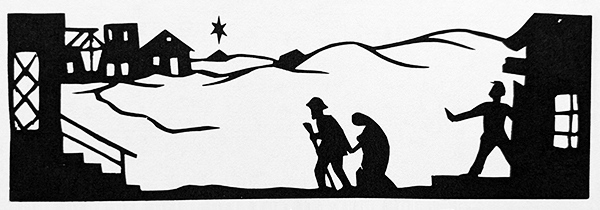 Paper cut of Holy Family turned away from the Inn