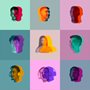 Collage of young people's faces, heads with colored silhouette, shadow isolated on light background.