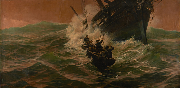 painting of men escaping a sinking ship