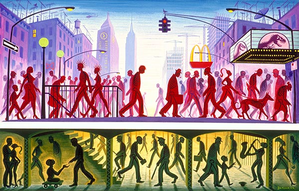 illustration of people walking in the streets and subways of a city