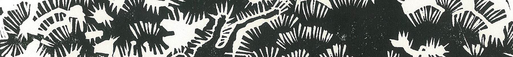 Detail from a Japanese-style block print of a windswept tree.