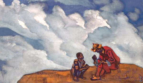 painting of two people on a mountain top