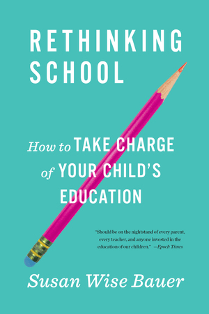 Cover of the book Rethinking School. It is teal green with a pink pencil