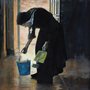 an elderly nun with a blue cleaning pail