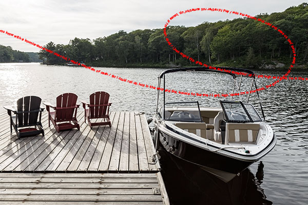 photo of a boat by a dock with red text of a rap song overlaid