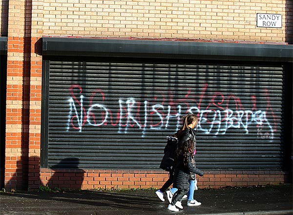 Anti-Irish Sea Border graffiti on the Donegal Road in south Belfast, Northern Ireland