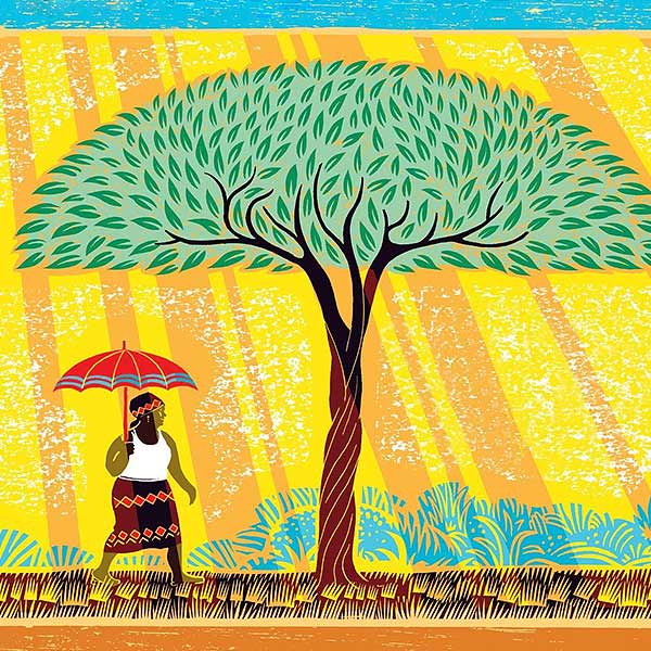 artwork from a book cover showing a woman in traditional African dress carrying an umbrella
