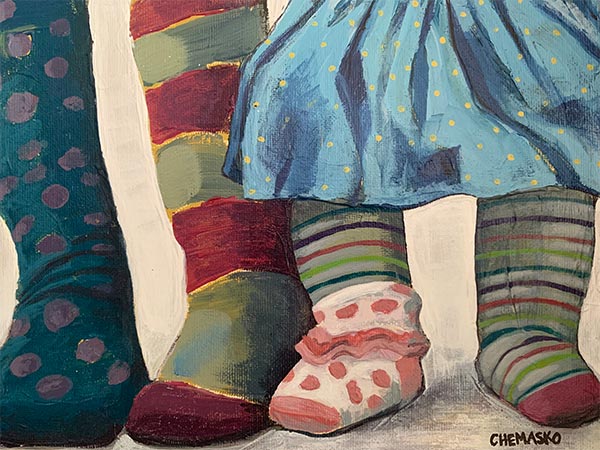 pintura de los pies de ninos llevando calcetines desparejos