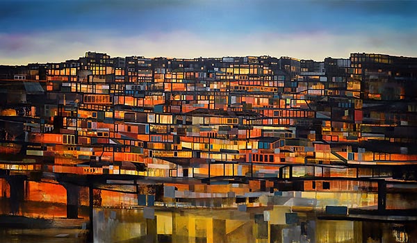 painting of a tall building with lit up windows in the dawn