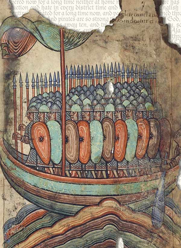 illustration of a Viking attack, from a Saint-Aubin manuscript, ca. 1100