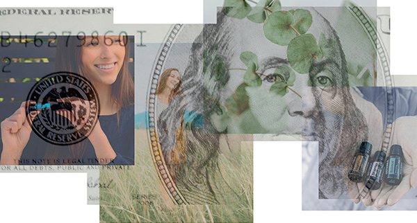 collage of Ben Franklin's face, a official seal and a woman standing in grass