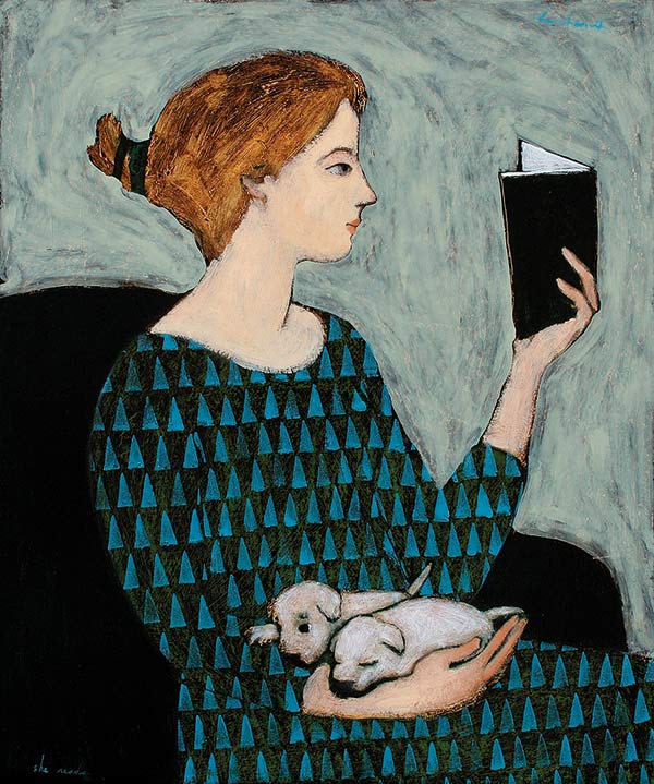 illustration of a woman reading a book and holding two puppies