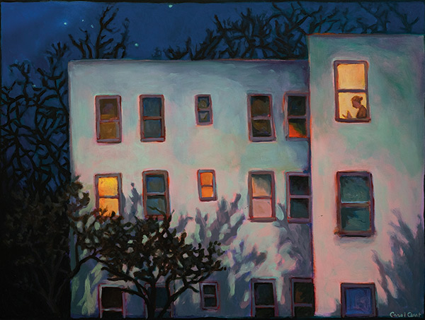 painting of apartment windows lit up at night