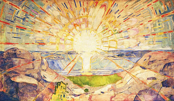 colorful painting of the sun with rays extending over a rocky landscape