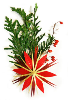 Red straw star decoration against a green spray of juniper