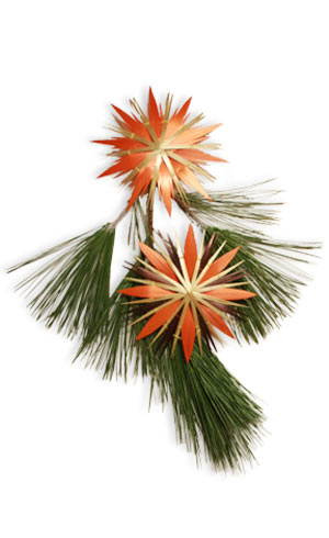 two orange straw stars and white pine