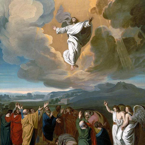 Jesus shown ascending into heavens while the apostles, disciples, and two angels look on from below