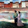 a man and woman walking along a canal