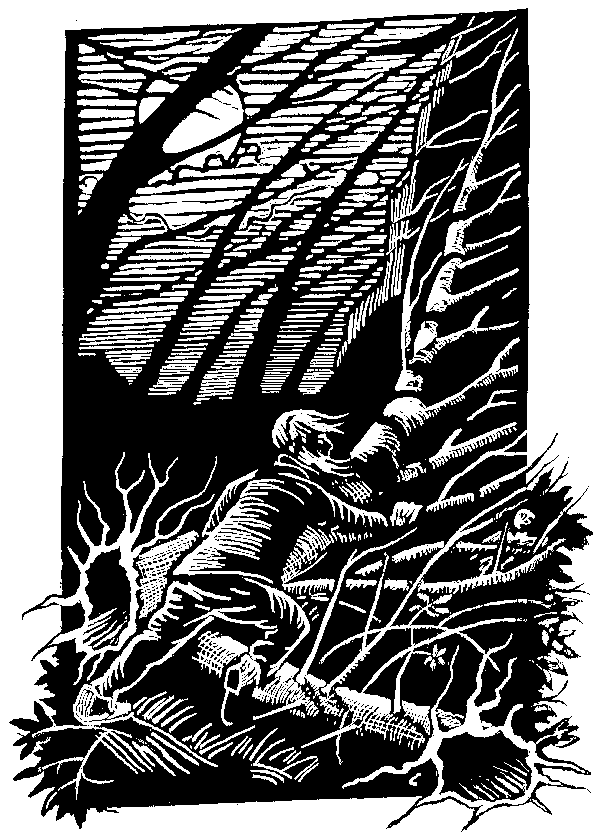 woodcut of forester in a storm