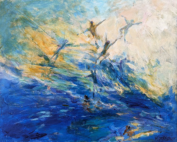 impressionistic painting of people dancing in waves