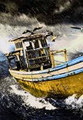 drawing of a boat in a storm