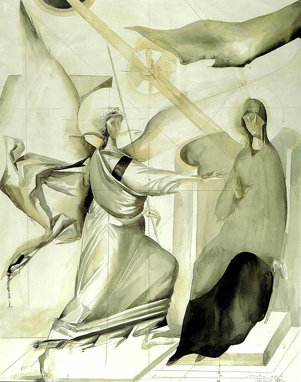 stylized charcoal art of the Annunciation