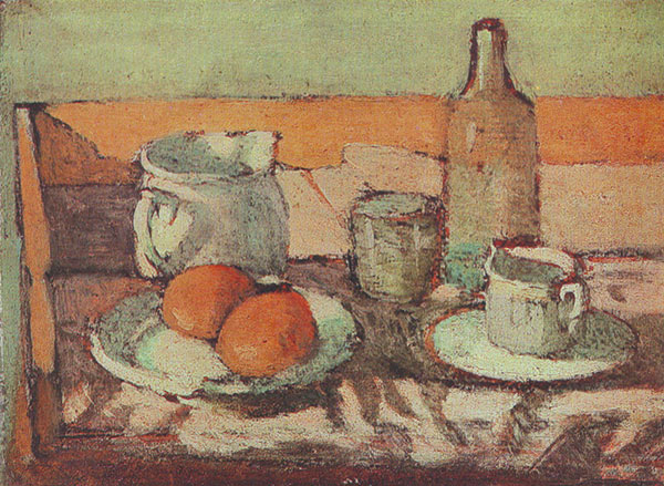 still life painting of cups, saucers and oranges