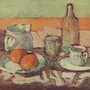 still life painting of cups, saucers and oranges