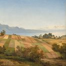 painting of farmland, lake and mountains in Switzerland