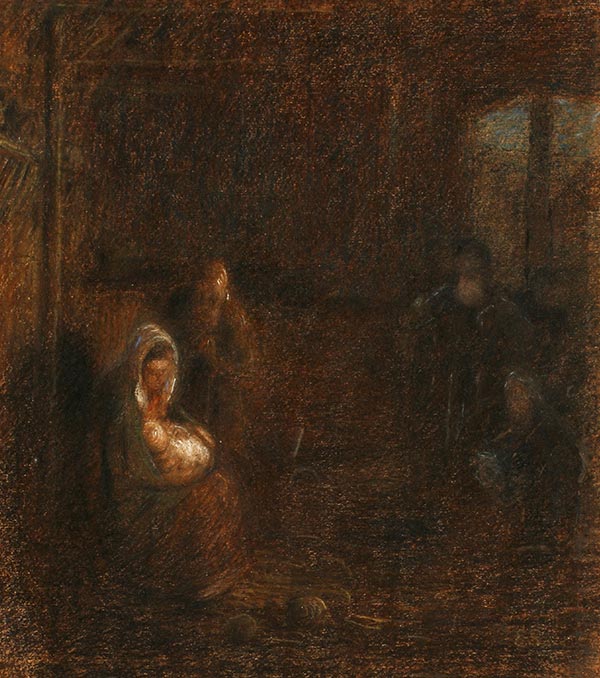 painting of Mary worshipping Jesus in a cave