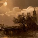 Night Scene in Winter with Moon and a Church Tower in the Background