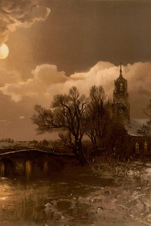 Detail of a painting depicting a nighttime winter scene with the moon shining on a bridge, a pond and a church.