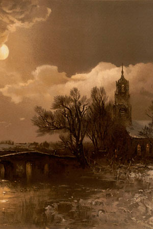 Detail of a painting depicting a nighttime winter scene with the moon shining on a bridge, a pond and a church.