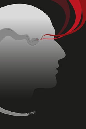 A depiction of a snake inside the silhouette of a human head to symbolize sinful thoughts.