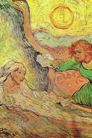 Van Gogh's painting, The Raising of Lazarus, depicts a man rising from his grave with two women kneeling nearby.