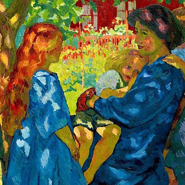 colorful painting of mother holding child in her lap and talking to another child under a tree