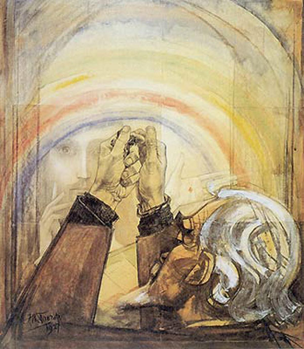painting of an elderly man folding his hands in prayer