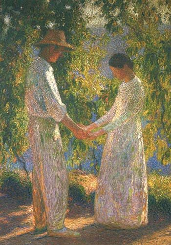 impressionist painting by Henri Martin of a couple holding hands under a tree