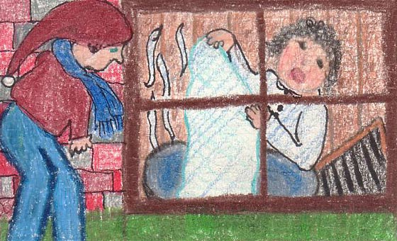 A washer-woman singing in the cellar while scrubbing clothes, with a little boy watching through a window.