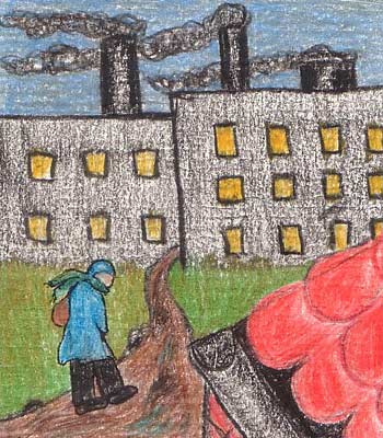A worker walks toward the ironworks.