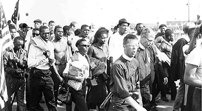 Selma to Montgomery marchers singing as they walk, 1965. This is the fullsize image.